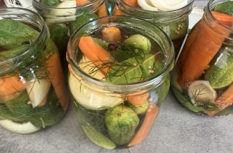 Jars of pickled vegetables containing cucumbers, carrot pieces, onion slices, and dill in brine with visible mustard seeds and peppercorns in the liquid.