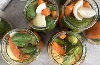 Top-down view of mason jars filled with pickled cucumbers, carrot sticks, onion wedges and dill in brine.